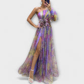 Elegant evening gown with one shoulder strap and fitted waist